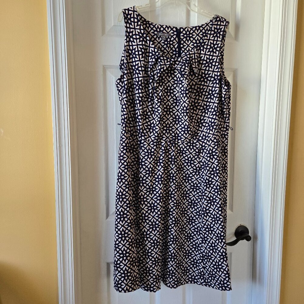 Roz & Ali Navy Blue Tan White Geometric Sleeveless A-Line Midi Dress Sz 20